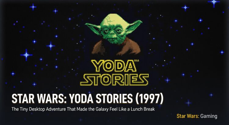 Star Wars: Yoda Stories (1997) header image featuring the original pixel-art Yoda and Yoda Stories logo with article title text and Star Wars: Gaming watermark.