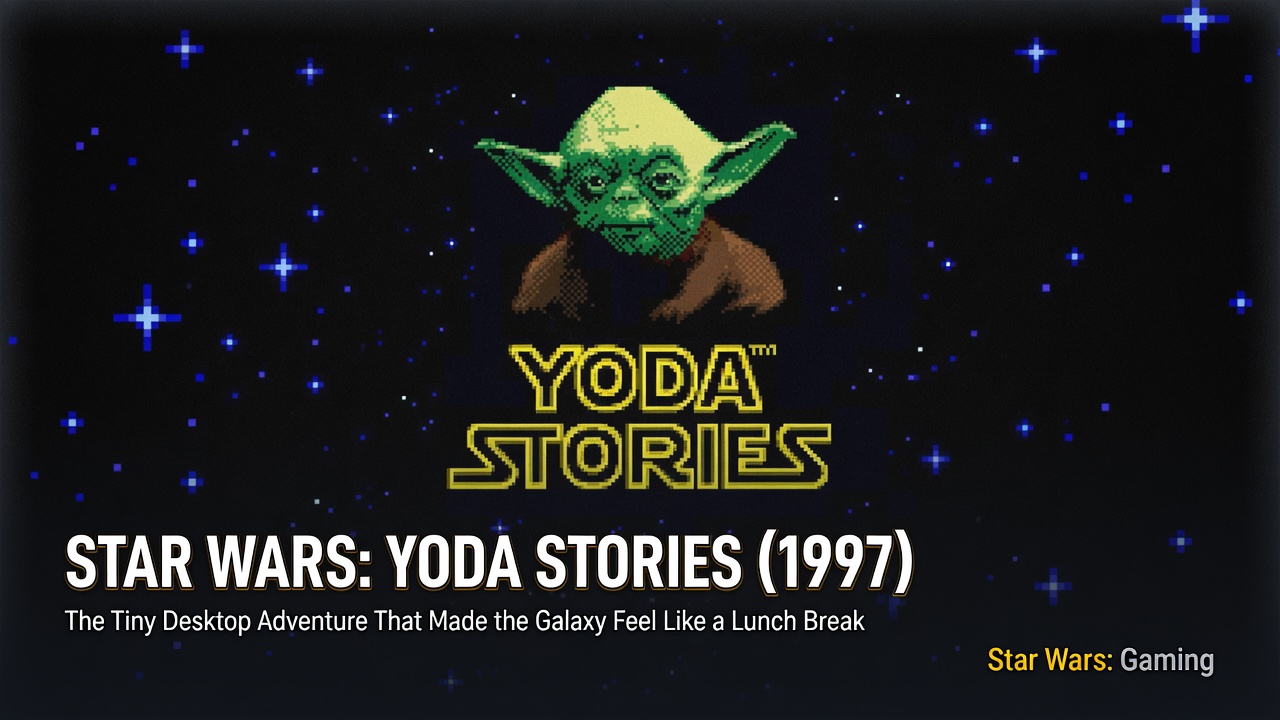 Star Wars: Yoda Stories (1997) header image featuring the original pixel-art Yoda and Yoda Stories logo with article title text and Star Wars: Gaming watermark.