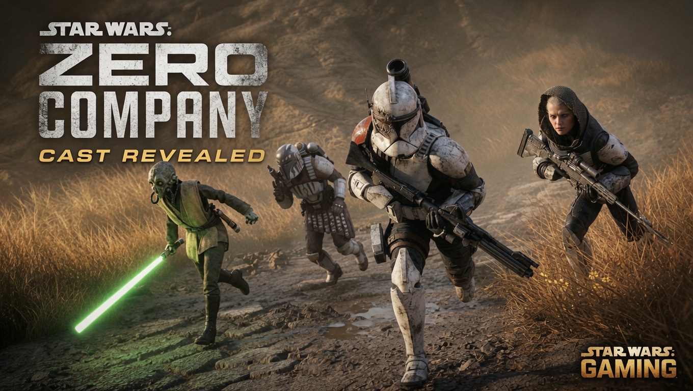 Star Wars Zero Company cast reveal header featuring Clone Wars squad members running into battle with the title Star Wars Zero Company Cast Revealed