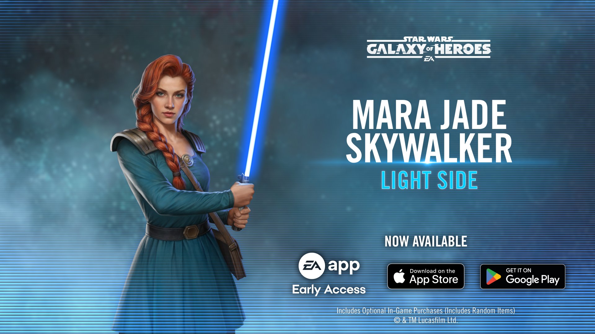 SWGOH Mara Jade Skywalker kit guide featuring Jedi Knight Luke synergy, Grand Arena Omicron, best team, mods, and Myths and Legends era
