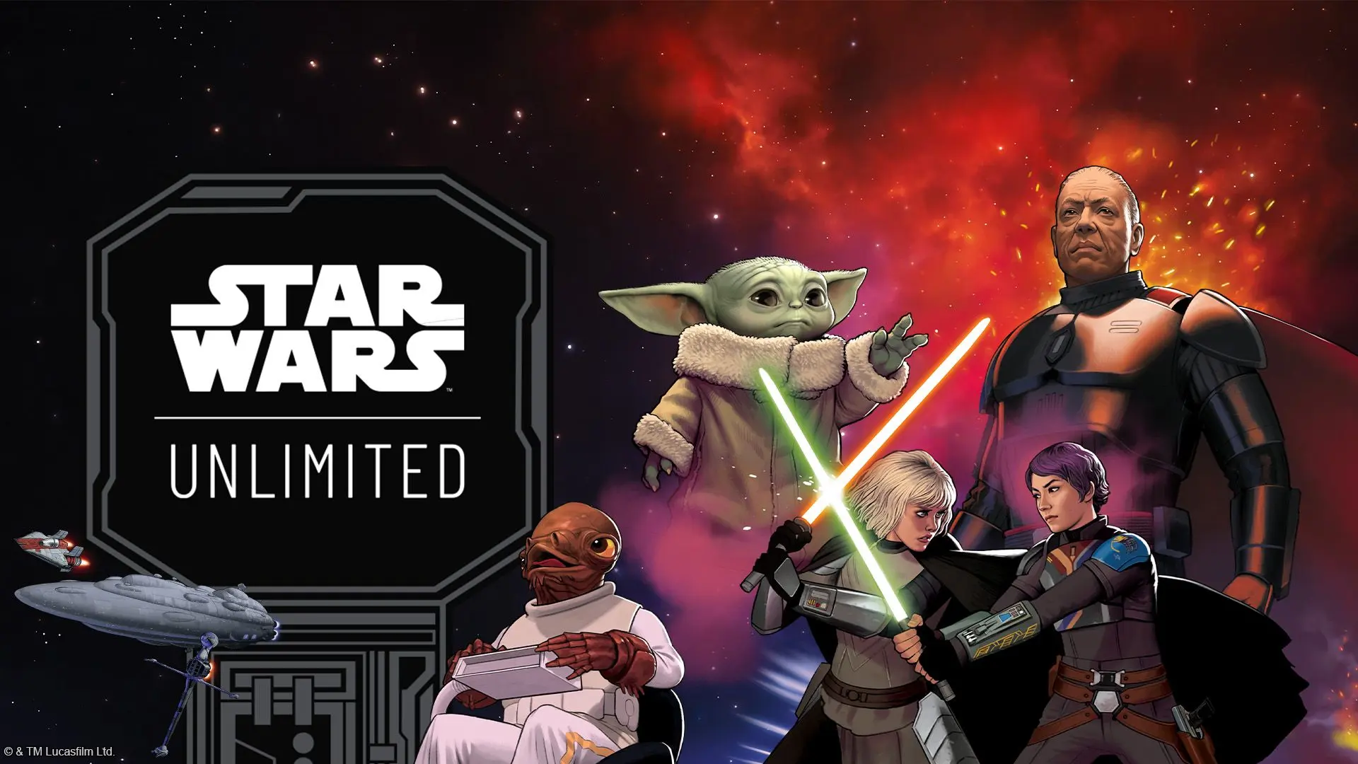 Star Wars Unlimited characters with lightsabers and logo