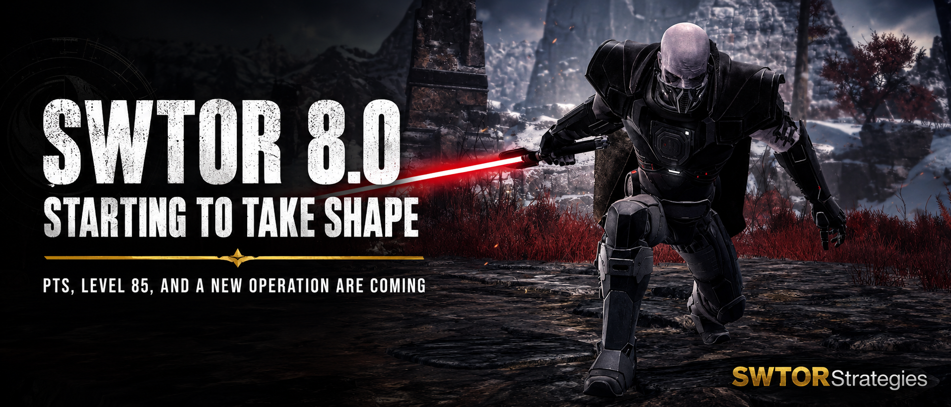 Armored Sith with red lightsaber in snowy ruins