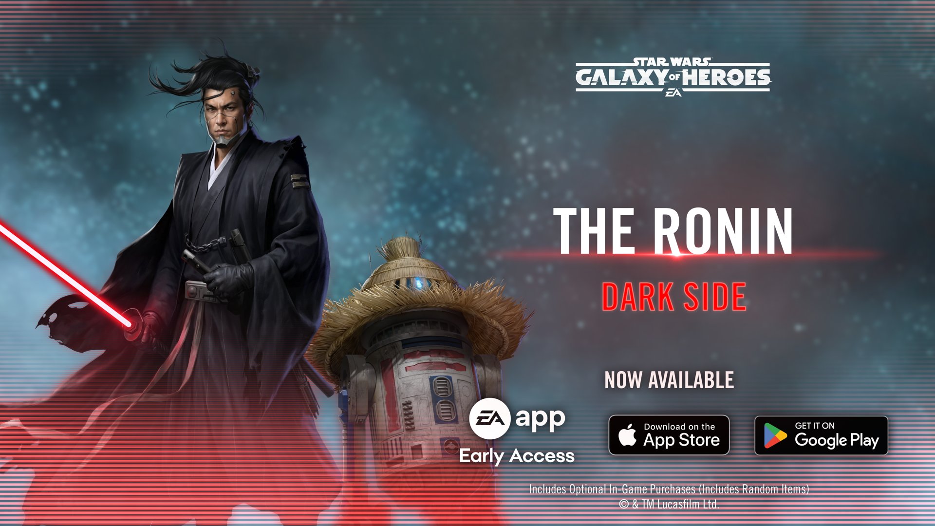SWGOH The Ronin kit guide featuring Star Wars Visions Sith synergy, R5-D56 summon, Bleed, Siphon, Territory Wars Omicron, best team, and mods