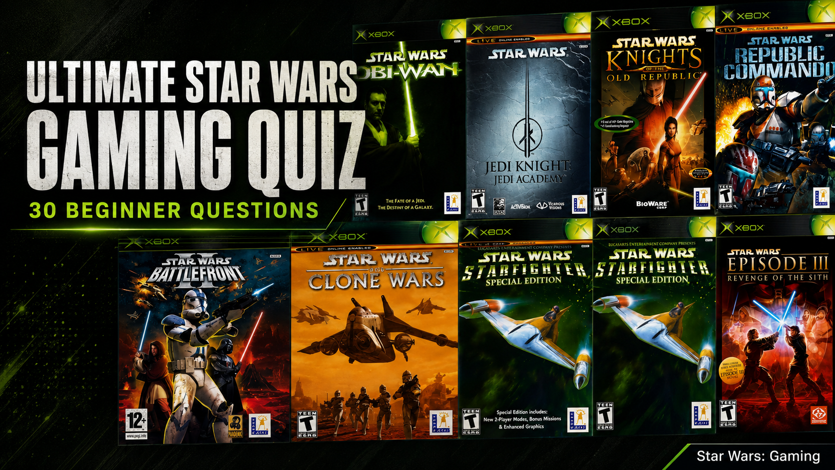 Collage of classic Star Wars video game covers promoting the Ultimate Star Wars Gaming Quiz with 30 beginner questions.