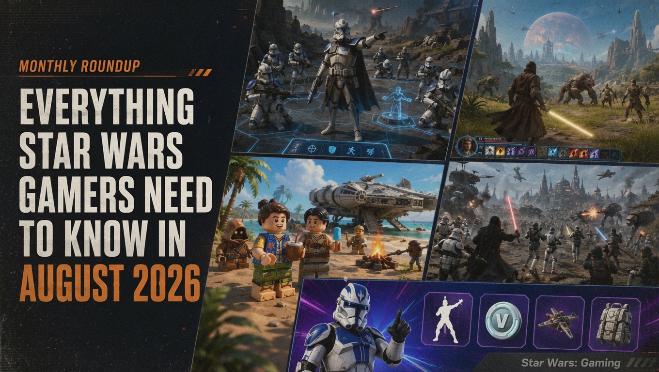 Star Wars gaming roundup header featuring Zero Company, SWTOR, LEGO Star Wars Castaways, Battlefront II, and Fortnite content for August 2026.