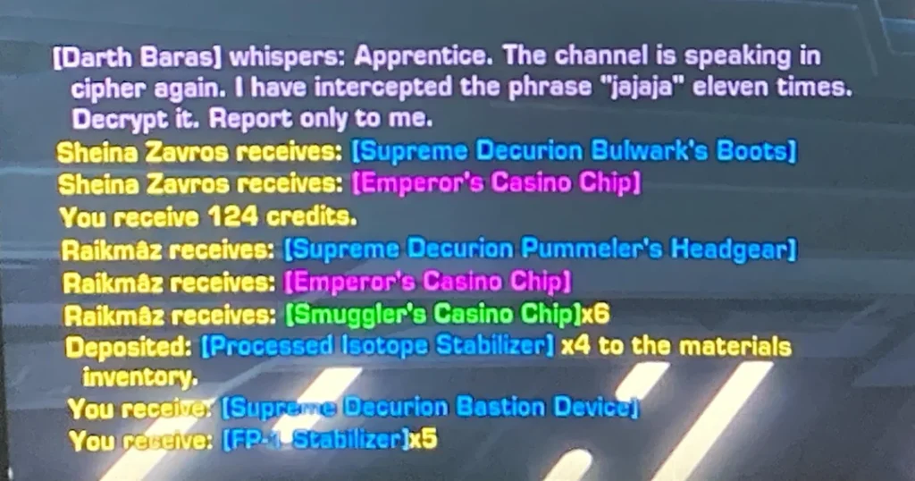 Video game loot notifications and chat messages on screen