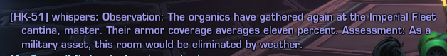 Game dialogue text overlay about Imperial Fleet cantina