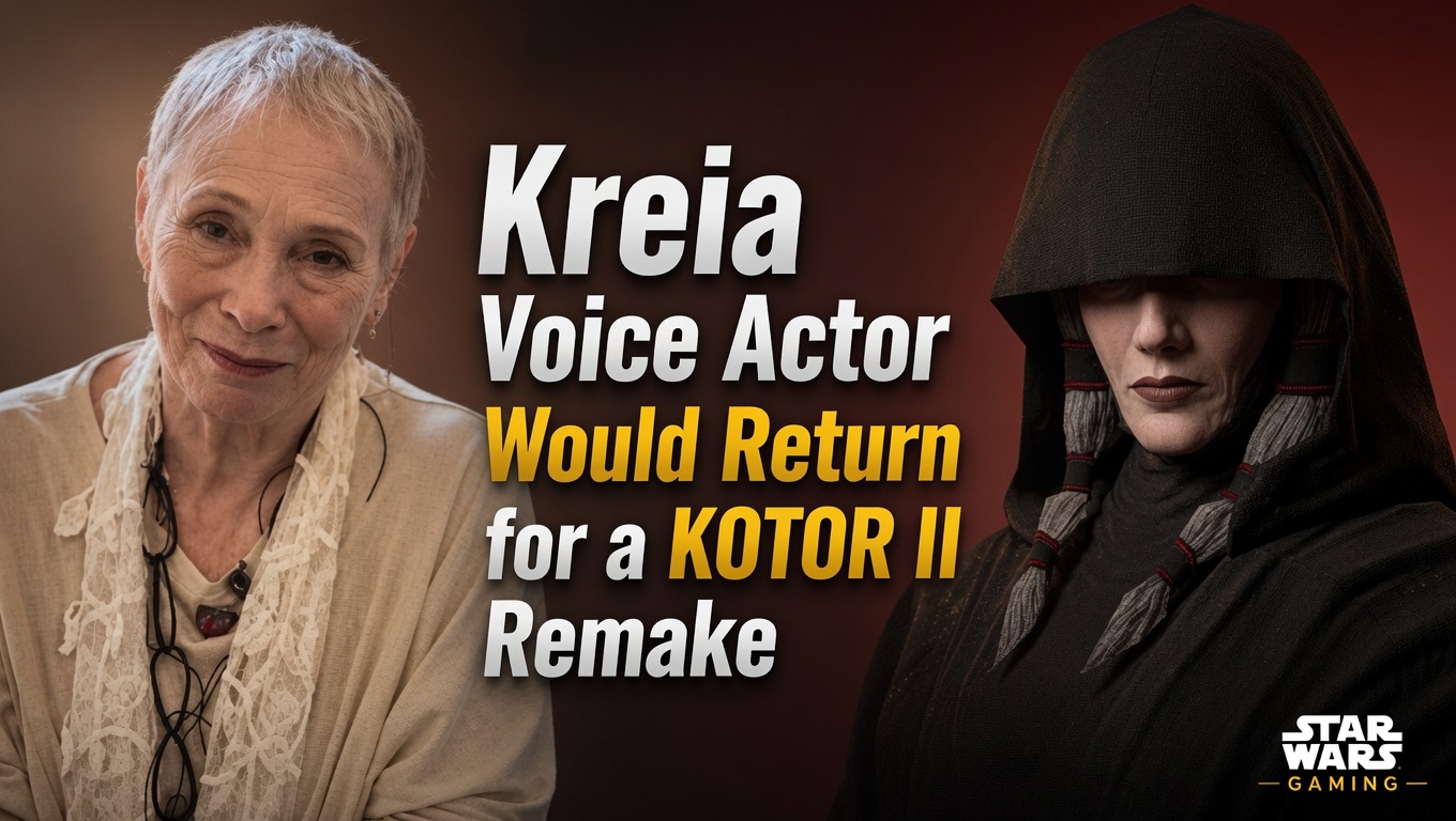 Sara Kestelman beside Kreia from KOTOR II with text saying the voice actor would return for a remake.