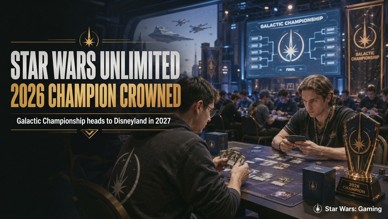 Players compete in a Star Wars Unlimited card tournament as the 2026 Galactic Champion is crowned.