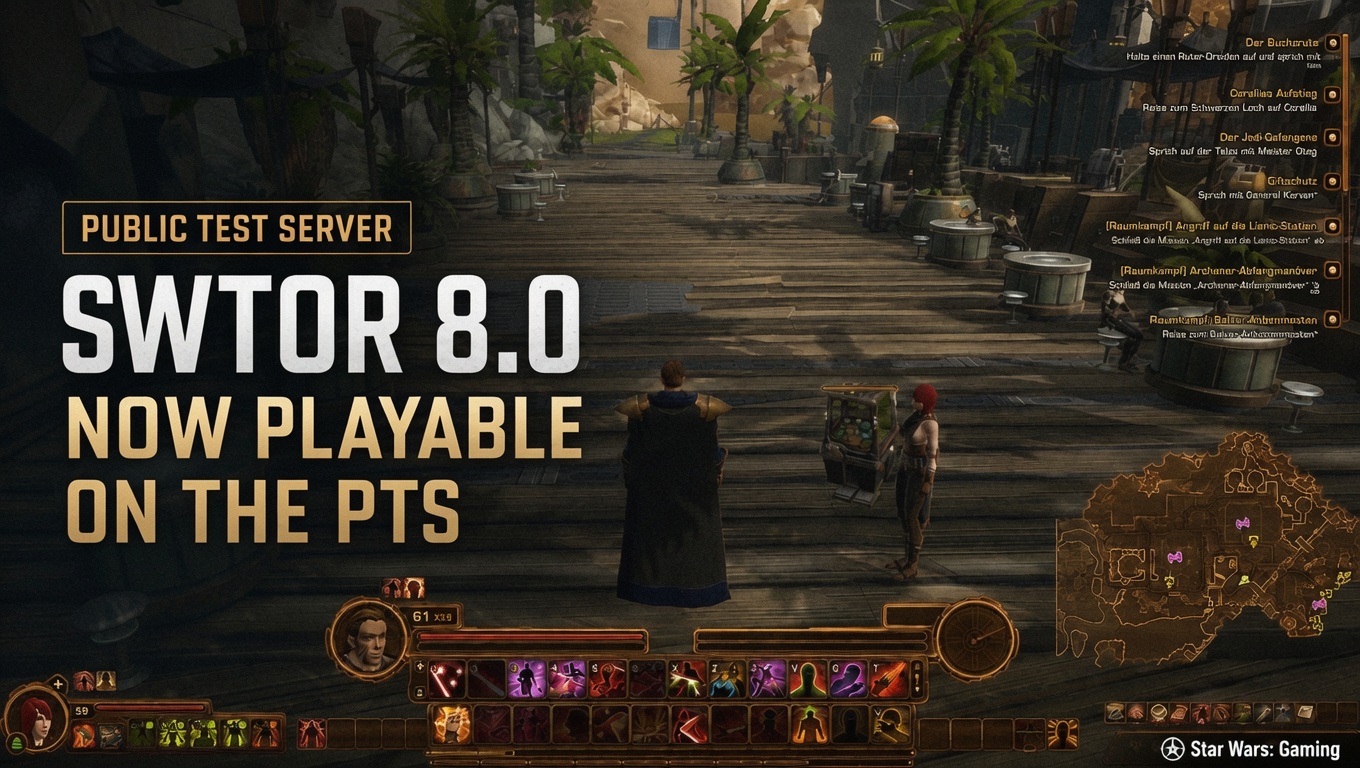 SWTOR gameplay screenshot with headline announcing that Update 8.0 is now playable on the Public Test Server.