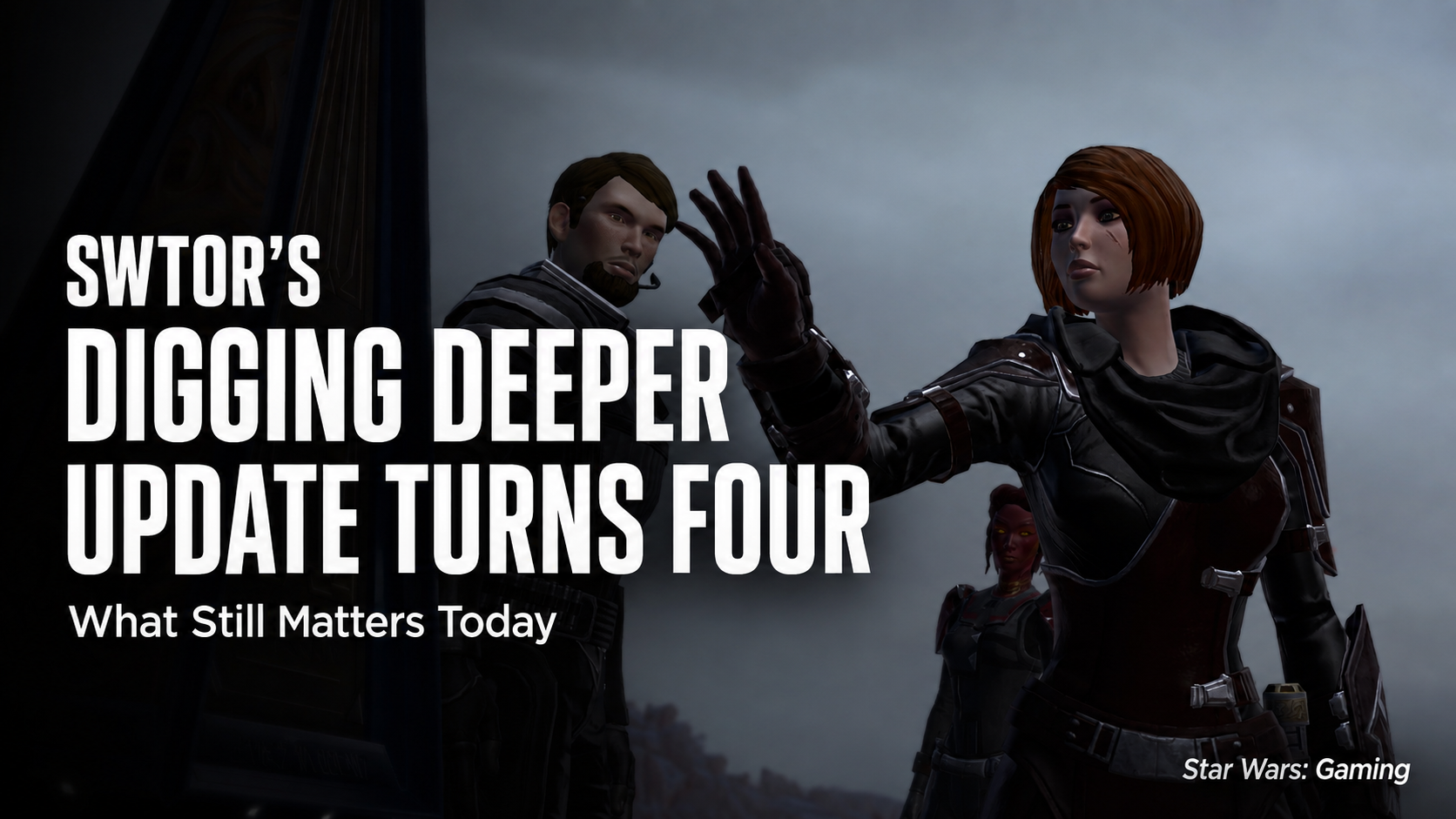 SWTOR characters near a Relic of Nul with text marking the fourth anniversary of the Digging Deeper update.